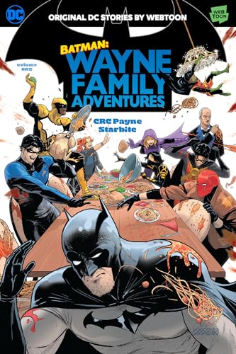 Batman and the Wayne family gathered around a chaotic dinner table.