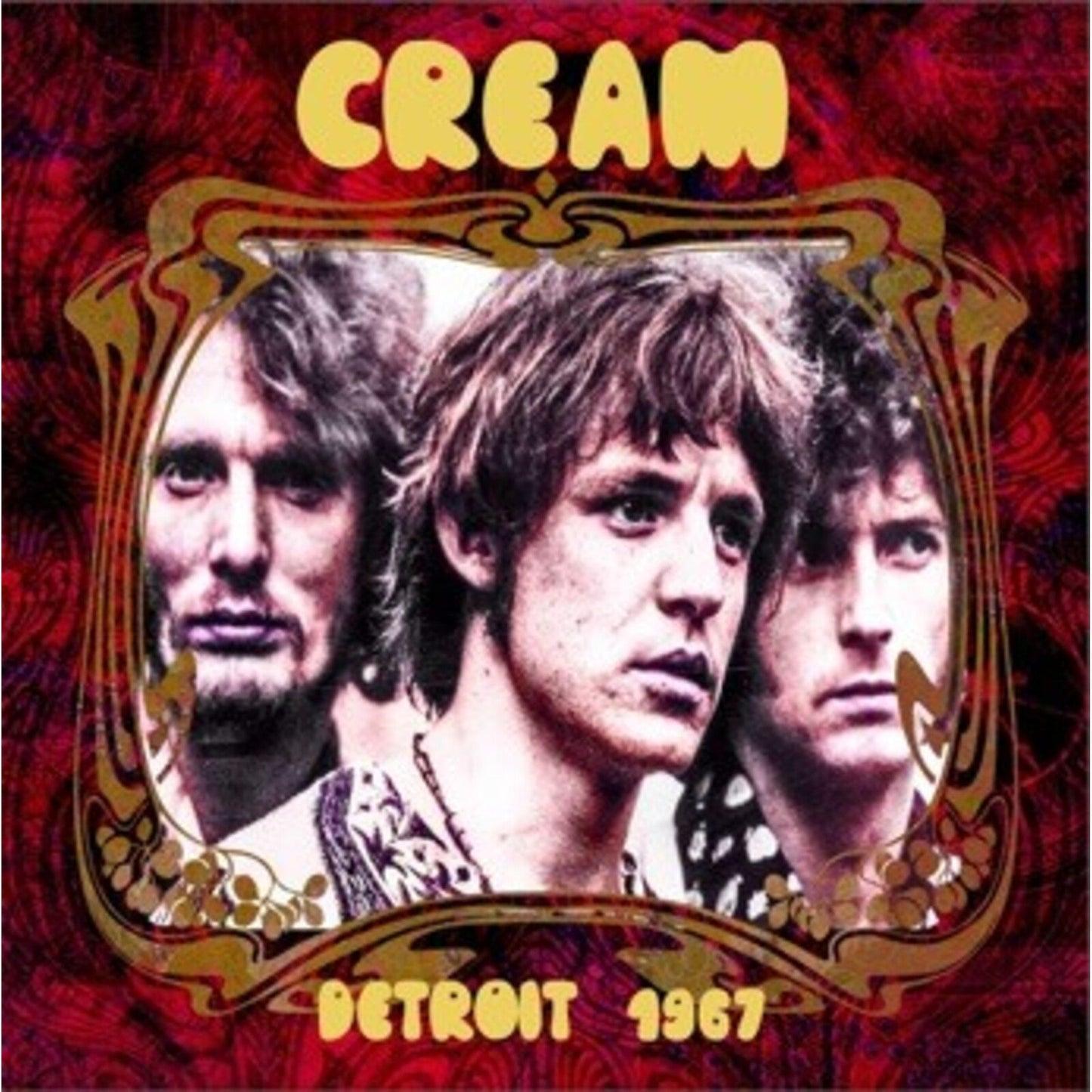 Album cover featuring the band Cream inside an ornate frame on red patterned background.