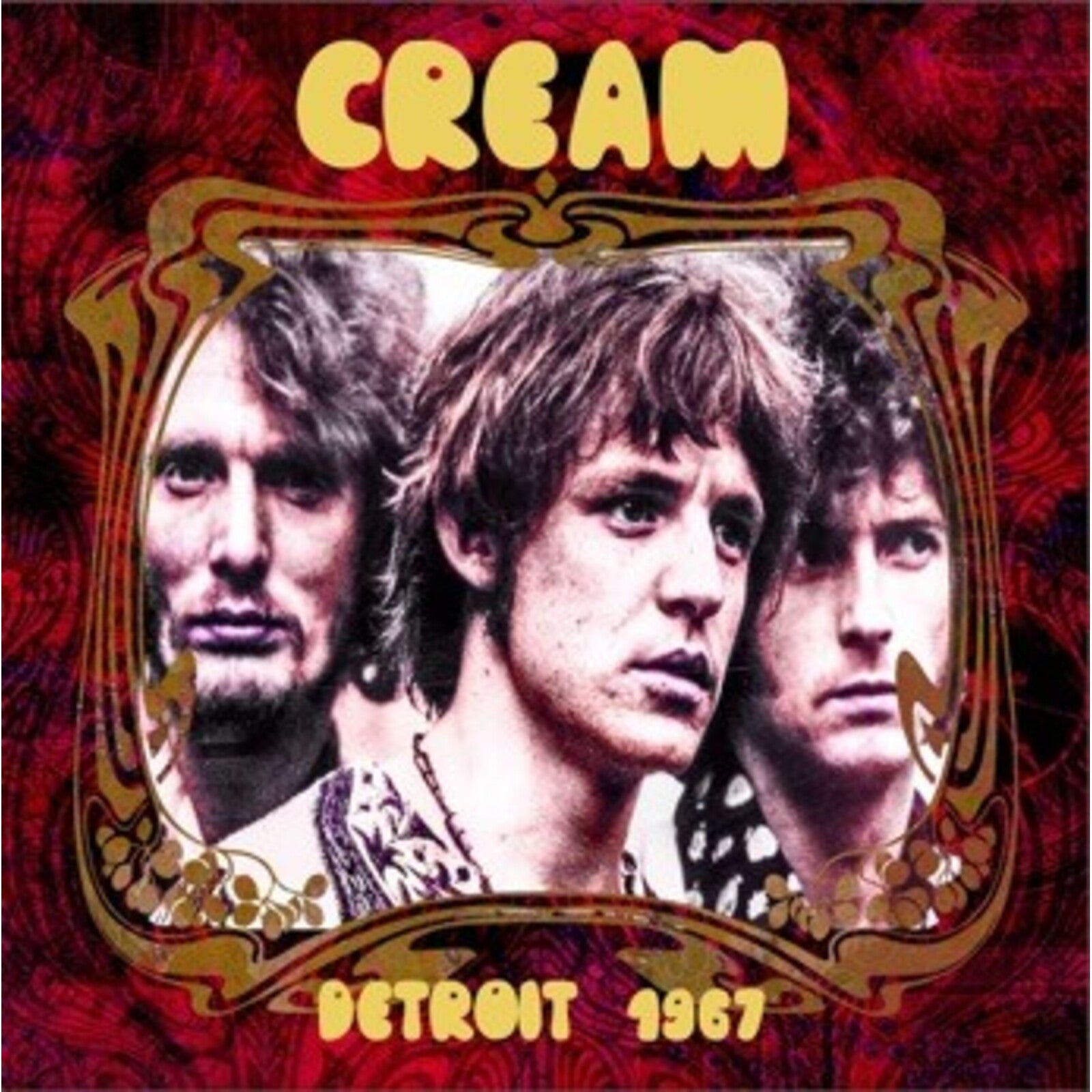 Album cover featuring the band Cream inside an ornate frame on red patterned background.