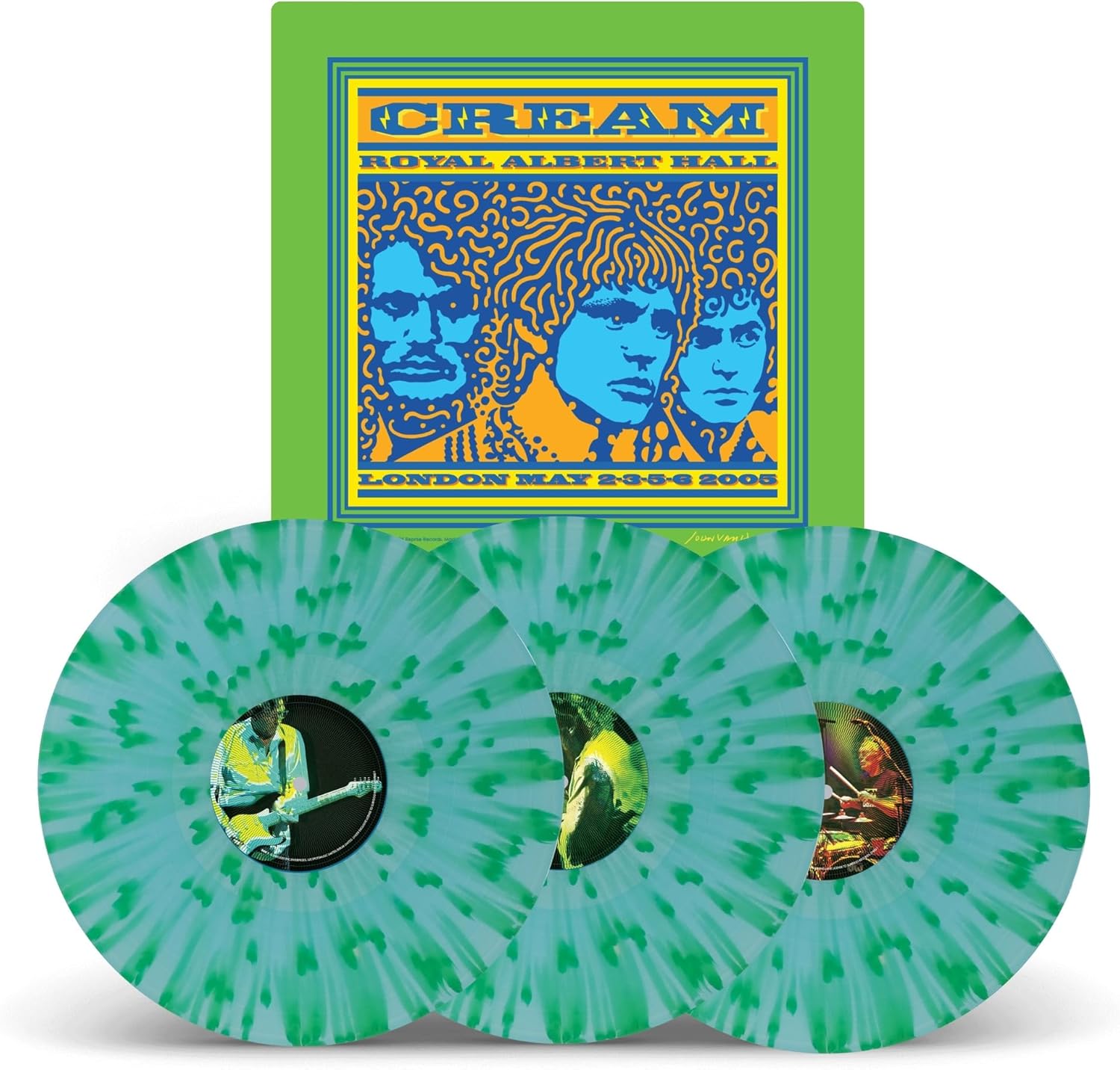 Cream "Royal Albert Hall" vinyl record with green and blue swirls.
