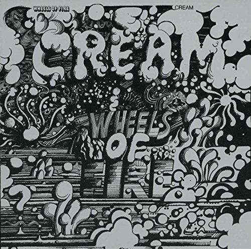 Black and white psychedelic album art with bubbly text reading Cream Wheels of Fire.