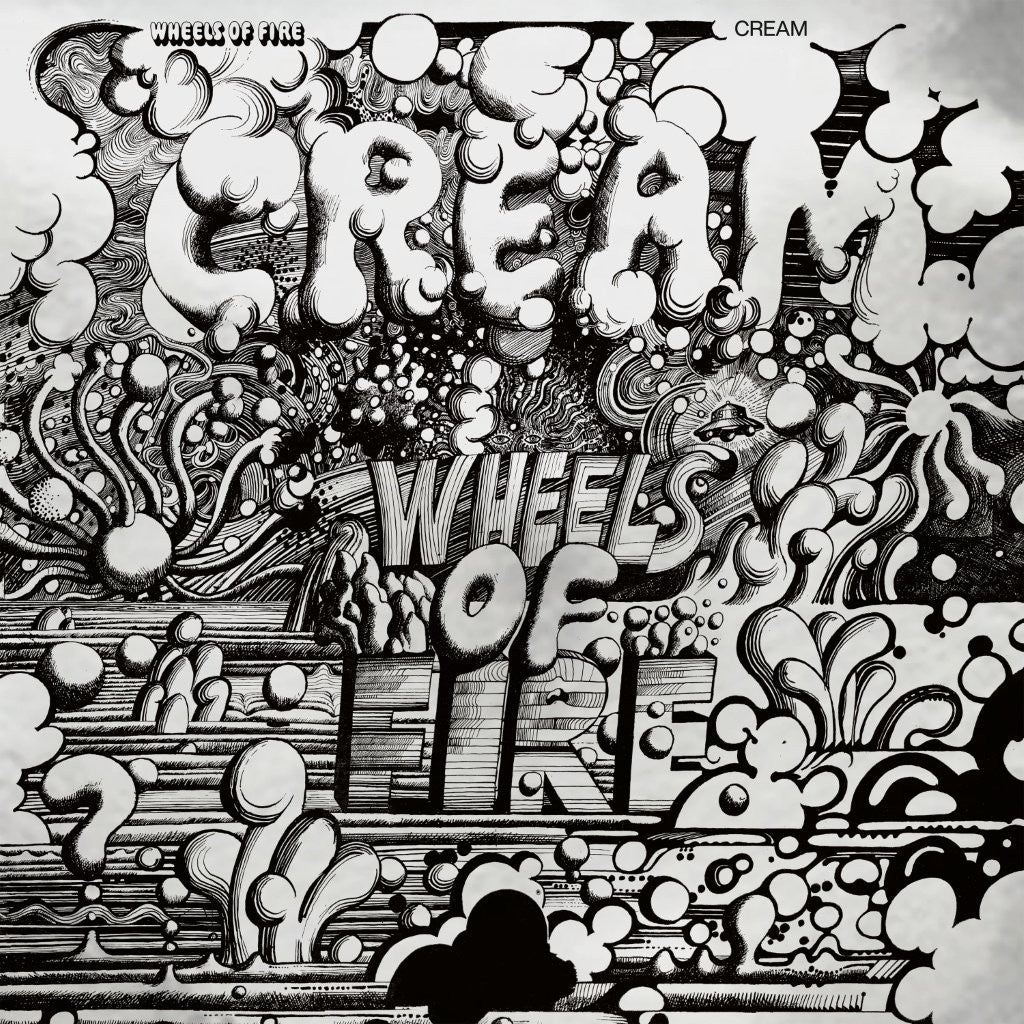 Black and white album cover for Cream’s “Wheels of Fire” with swirling art.