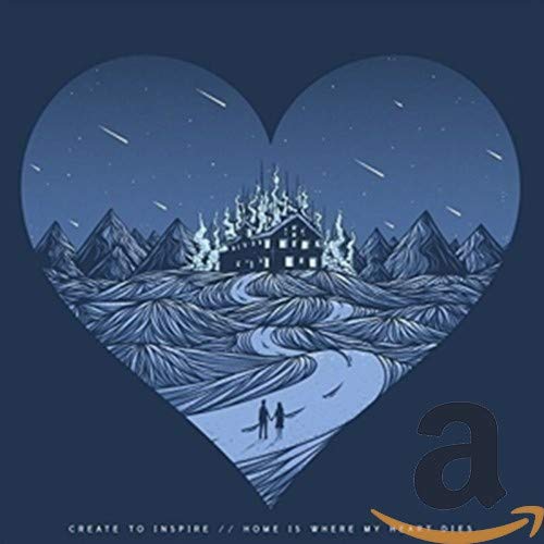 CD cover: burning house within a heart-shaped landscape, two figures.