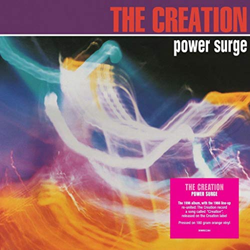 Vinyl record cover for “Creation - Power Surge” with abstract blue and orange art.