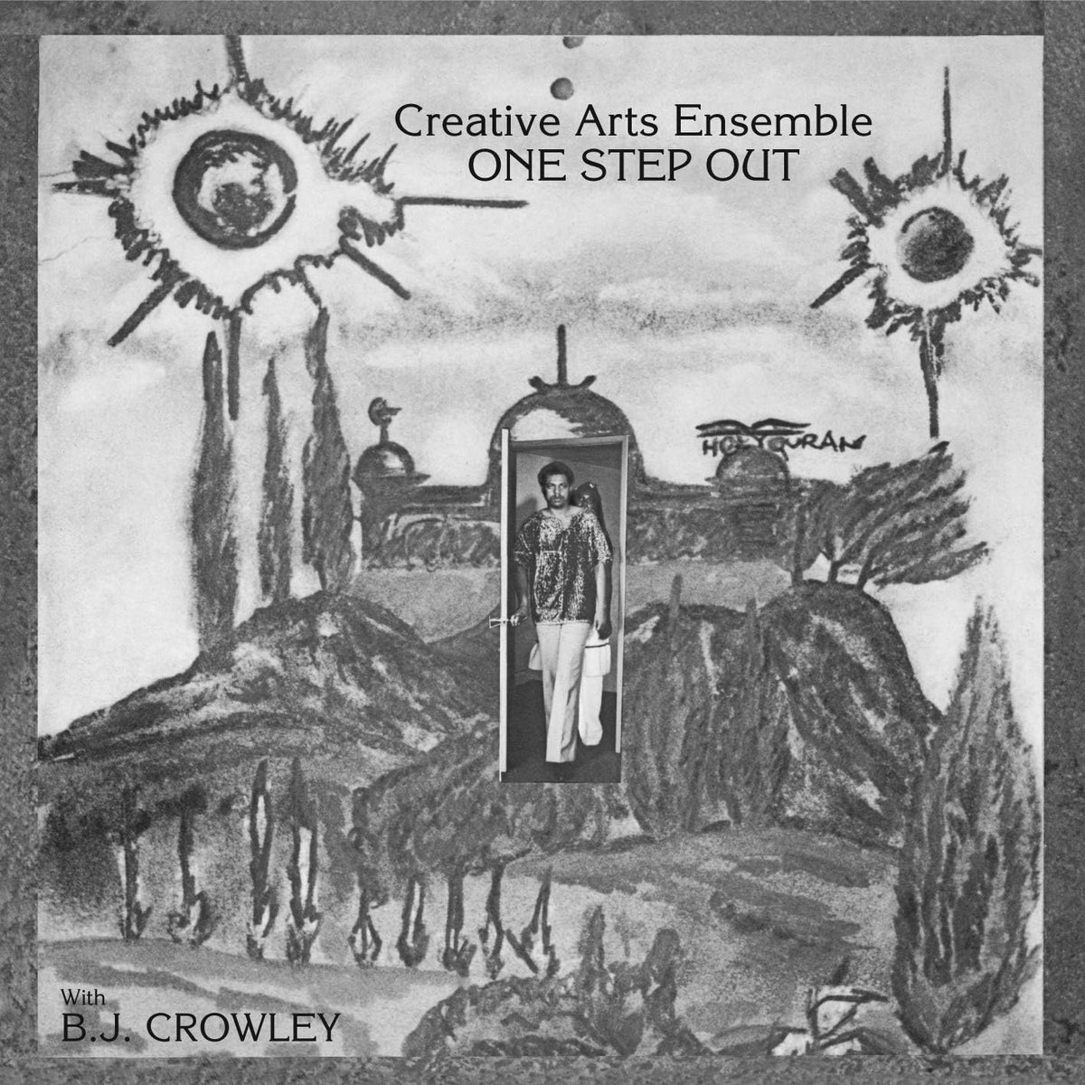 Black and white album cover featuring a man standing in a doorway.