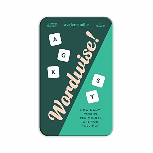 Green and teal game box with white lettered dice and “Wordwise!” text.