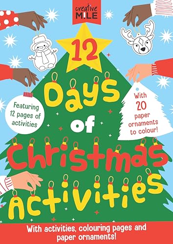 Christmas activity book cover with a decorated tree and hands assembling ornaments.