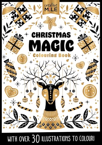 Christmas colouring book cover with reindeer, gifts, and gold snowflakes.