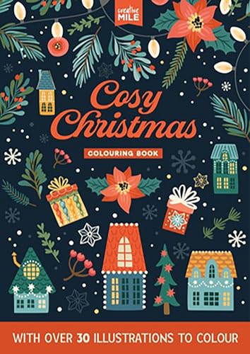 Cosy Christmas" colouring book cover with houses, gifts, and floral designs.