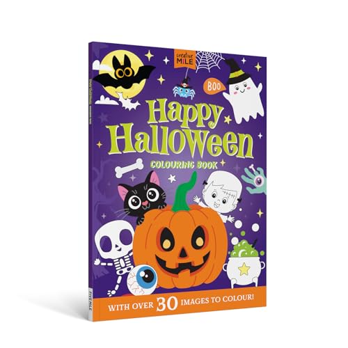 Halloween coloring book cover with ghosts, pumpkins, bats, and a black cat.