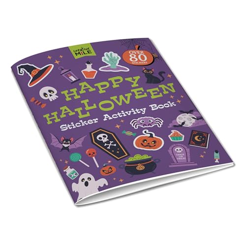 Purple Halloween activity book with stickers, featuring ghosts, pumpkins, and bats.
