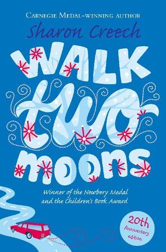 Book cover for "Walk Two Moons" with blue text and a red car.
