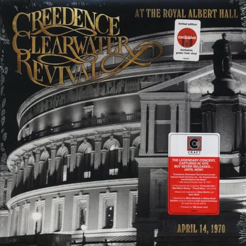 Black and white photo of the Royal Albert Hall with gold band logo text.