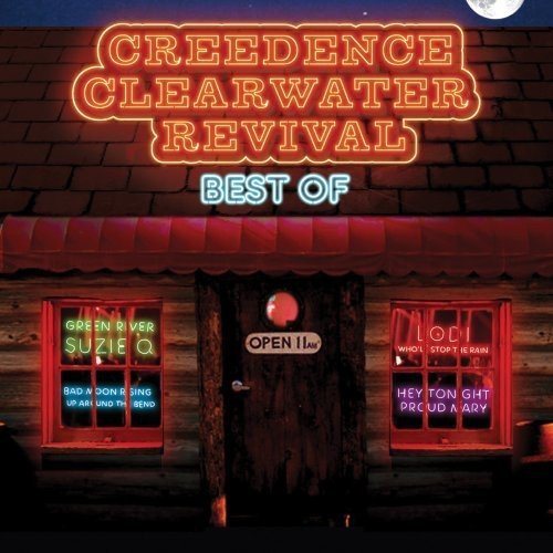 "Creedence Clearwater Revival CD cover featuring a neon-lit building facade at night."