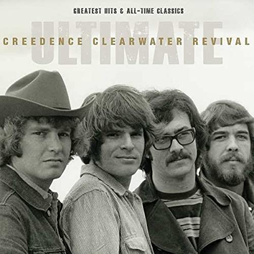 Black and white portrait of the four members of Creedence Clearwater Revival.