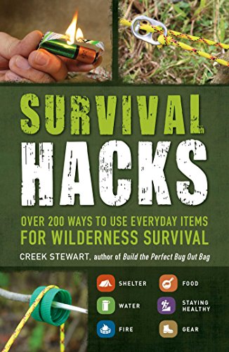 Book cover: "Survival Hacks" with images of fire starting and rope knots.