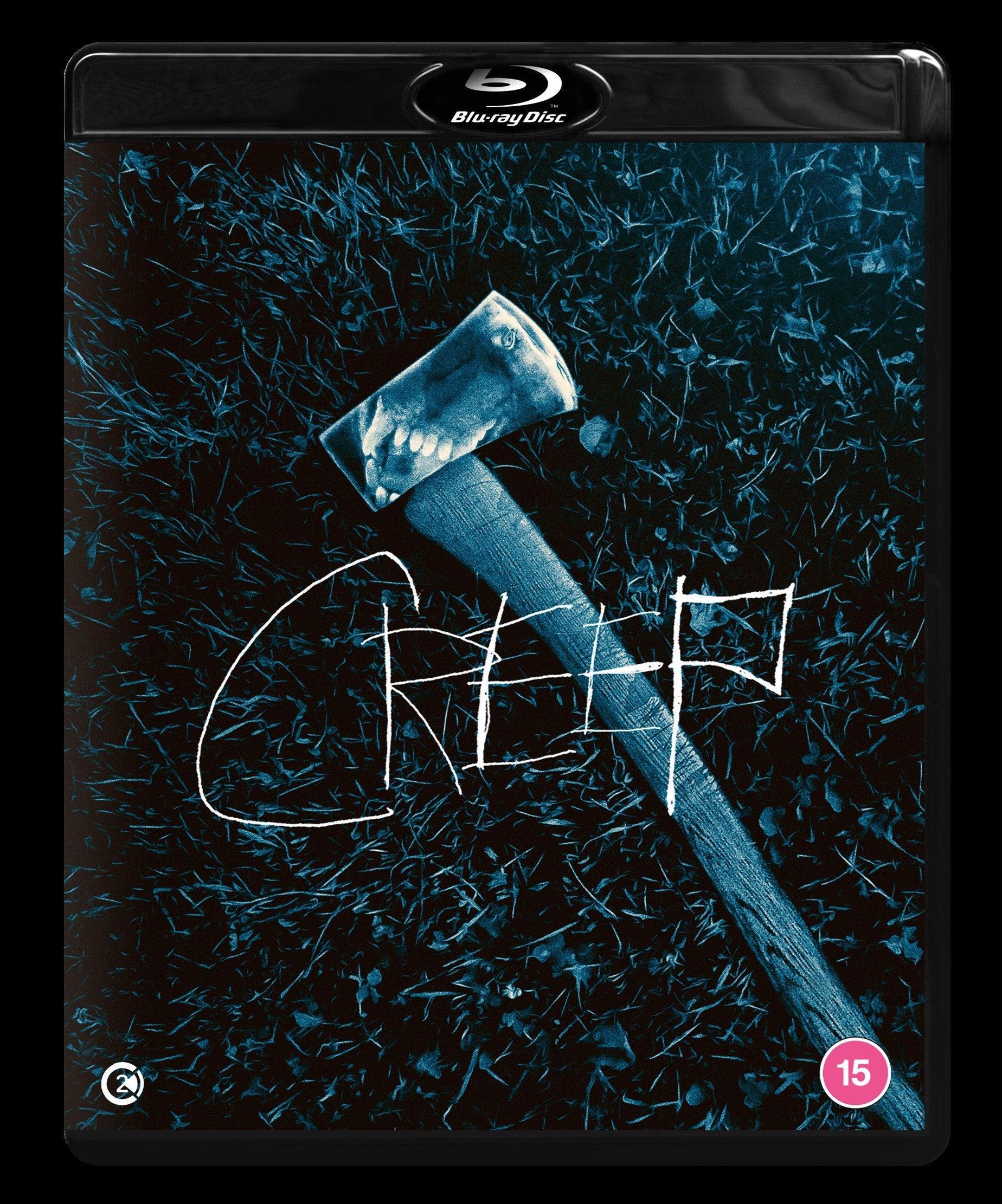Blu-ray cover for Creep featuring an axe on dark grass with white handwritten text.