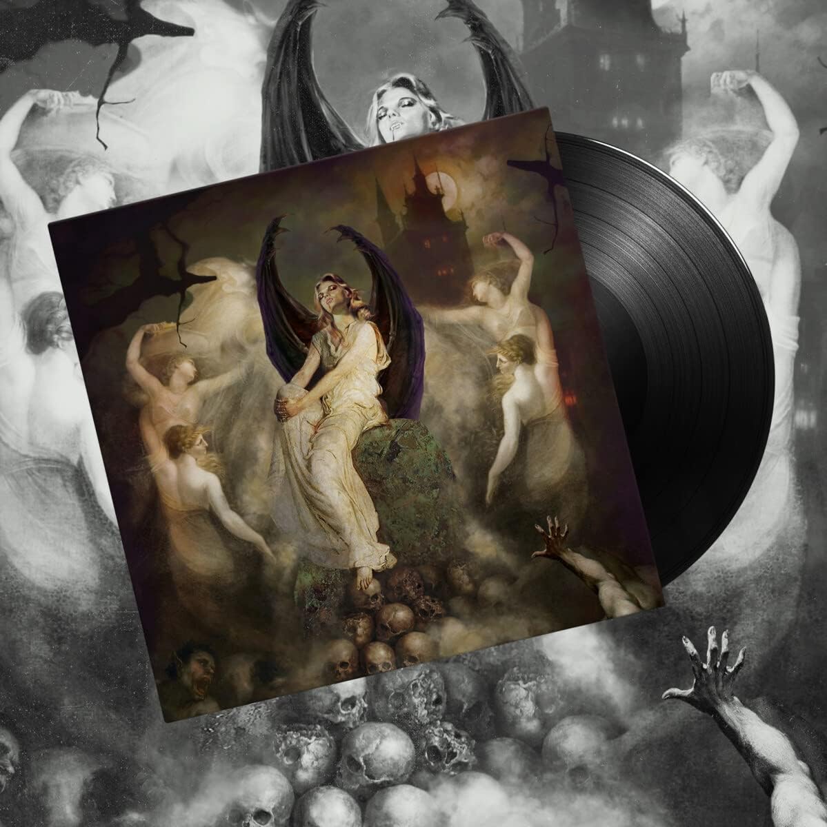 A dark, gothic album cover featuring a winged woman surrounded by nude figures and skulls.
