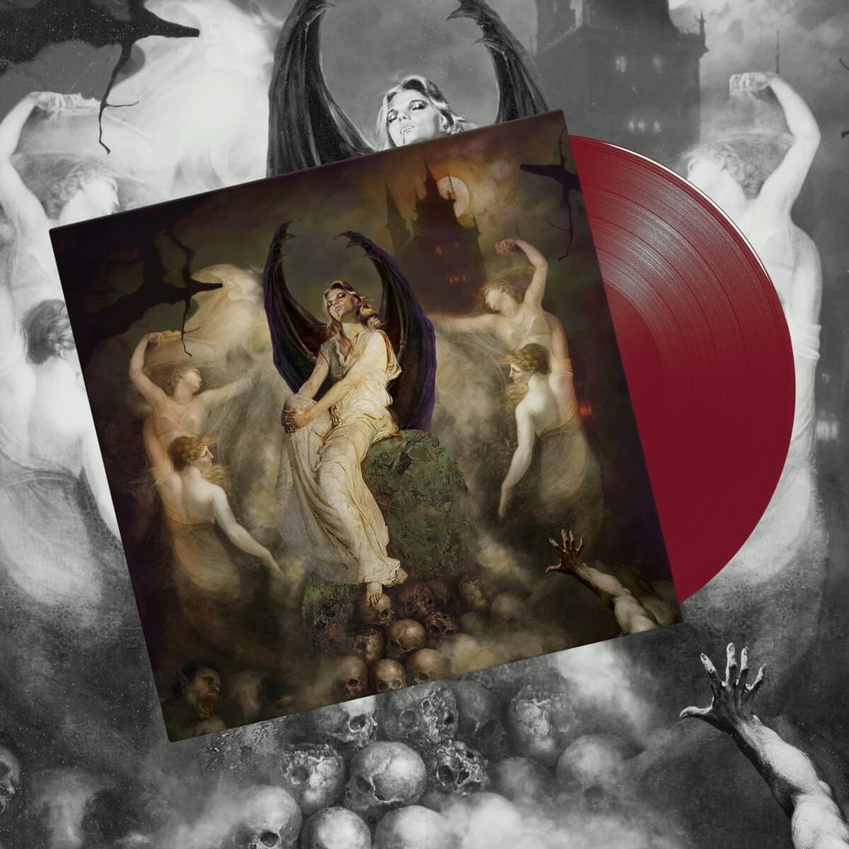 A vampire woman sits on a pile of skulls surrounded by nude figures.