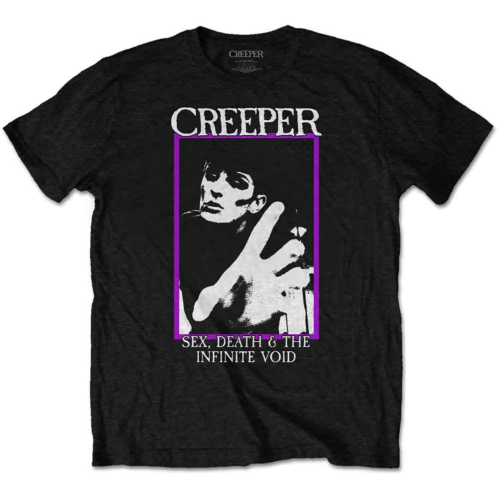 Black Creeper t-shirt with purple and white band logo graphic.