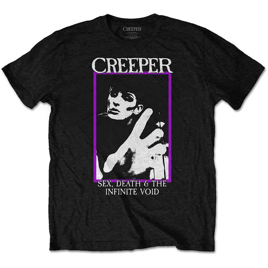 Black Creeper t-shirt with purple and white band logo graphic.