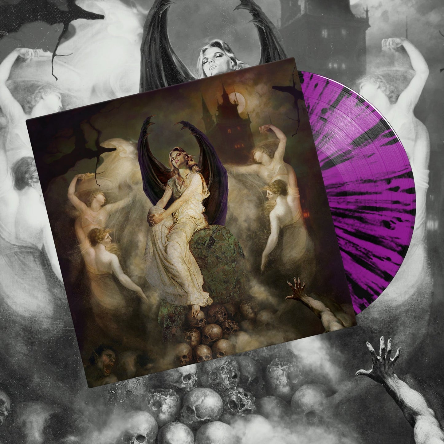 Vampire woman with black wings sitting on skulls surrounded by nude figures and bats.