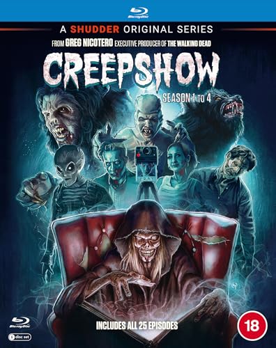 Creepshow" Seasons 1-4 Blu-ray cover featuring horror characters and a red chair.