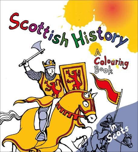 Colouring book cover depicting a medieval Scottish knight on horseback.
