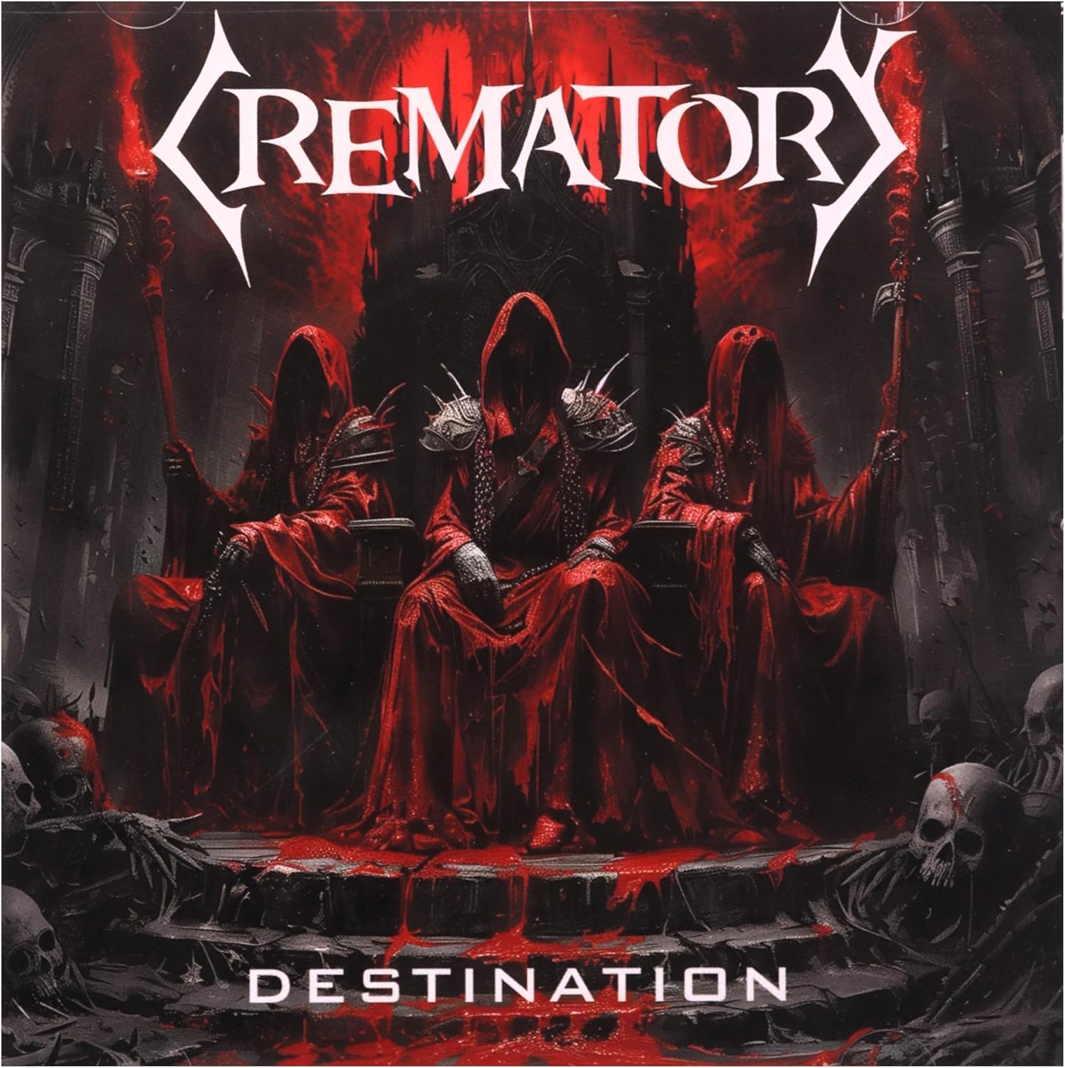 Crematory album cover: hooded figures on thrones amidst skulls and darkness.