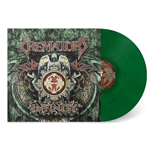 Green vinyl record and album cover with ornate, dark artwork.