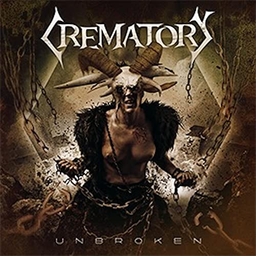 Crematory album cover, "Unbroken," featuring a horned, masked figure in chains.