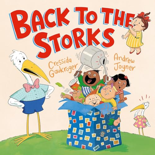 Book cover: storks, children in a box, and colorful illustrated text.