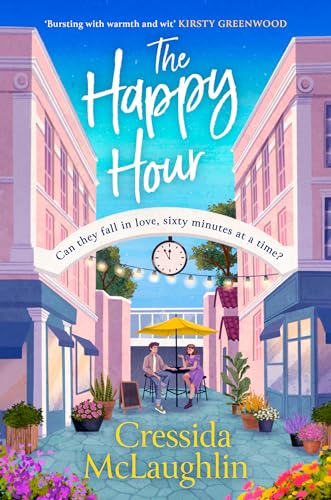 Book cover: "The Happy Hour" with a street scene and two figures.