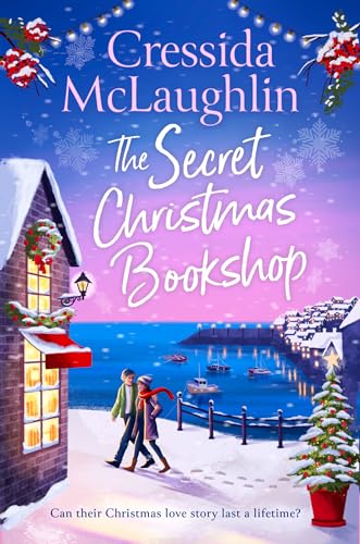 Book cover: snowy coastal town, couple walking, Christmas decorations.