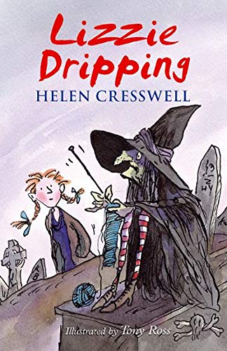 Book cover: a witch knitting, with a girl and graveyard scene.