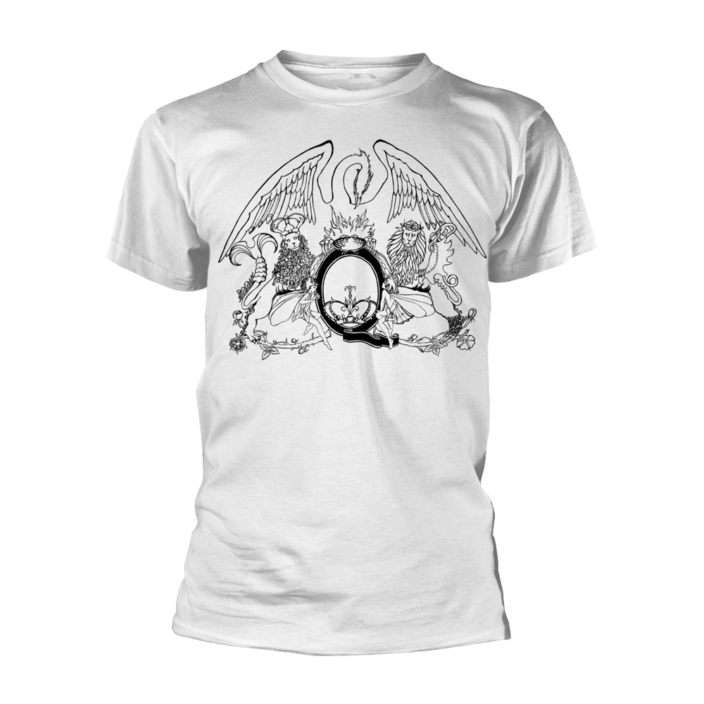 White t-shirt with black and white Queen crest graphic on front.