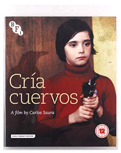 Blu-ray cover for “Cria Cuervos” featuring a young girl with a gun.