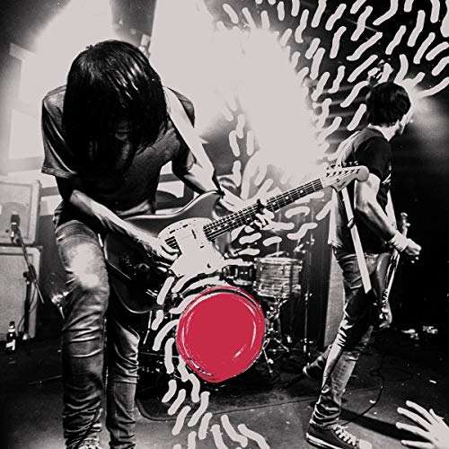 Black and white band photo with a red circular graphic overlay.