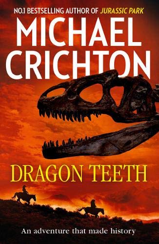 Book cover featuring a dinosaur skull silhouette against a sunset with two horse riders.