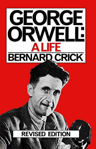Book cover: black and white portrait of George Orwell, red background.