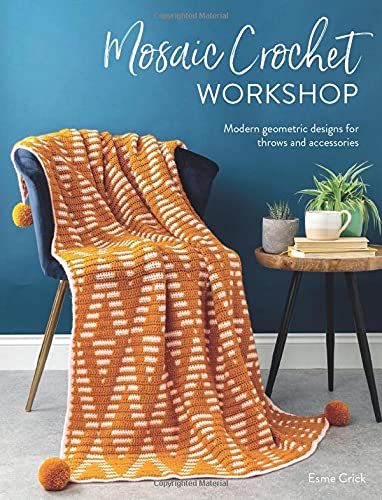 Book cover displaying an orange and white mosaic crochet throw draped over a chair.