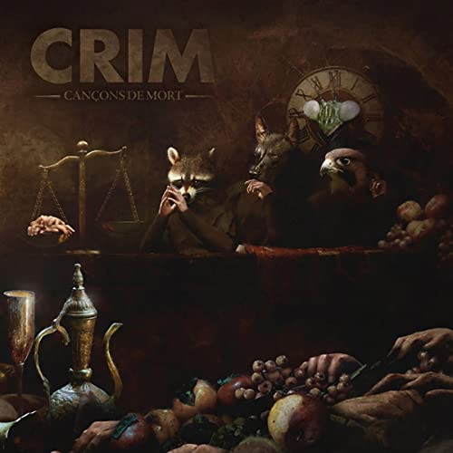 Album cover: "Crim - Cançons De Mort" with animals, scales, and fruit.