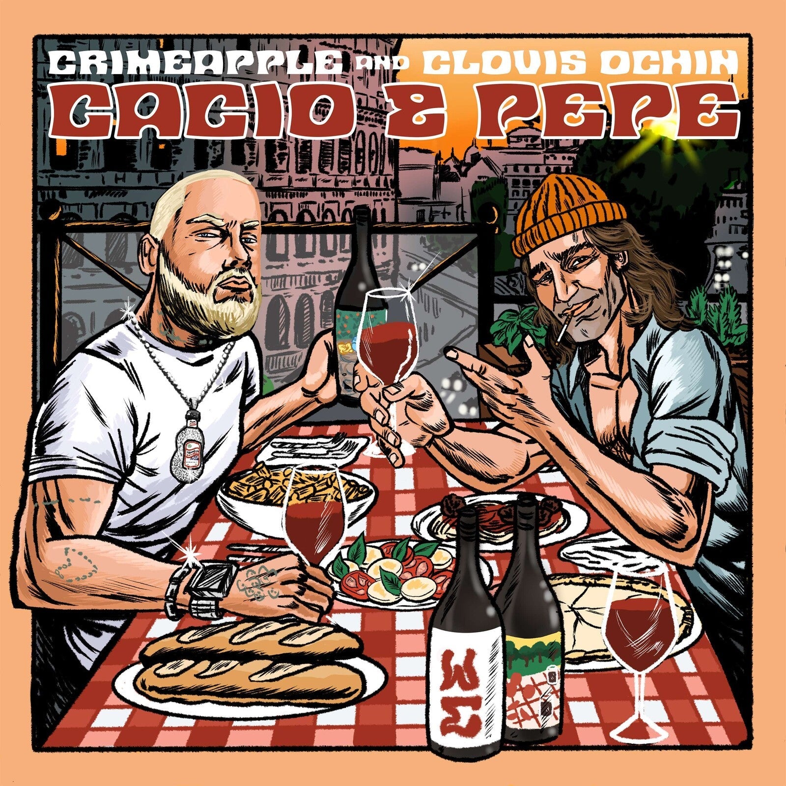 Album cover: two men toasting with wine and pasta on a red table.