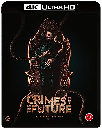 Crimes of the Future" Blu-ray cover featuring a man inside an organic structure.