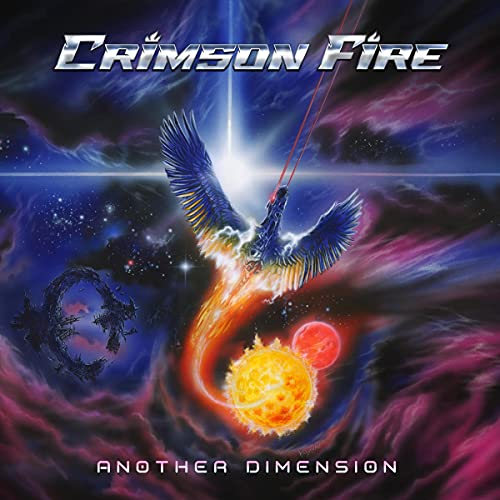 CD cover: fiery winged creature soaring through a cosmic, colorful nebula.