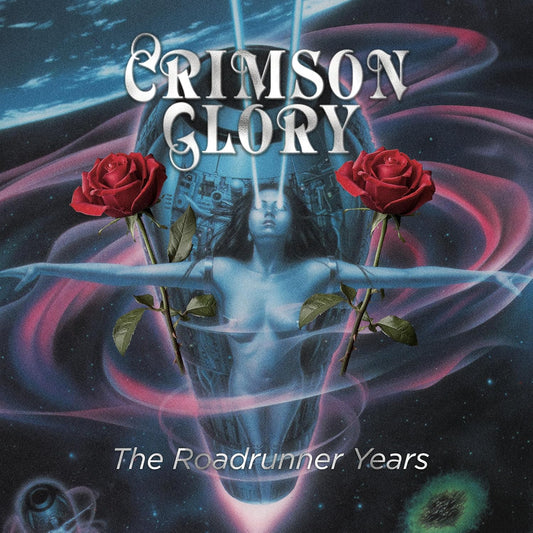 Album cover: "Crimson Glory" with a woman, roses, and cosmic imagery.