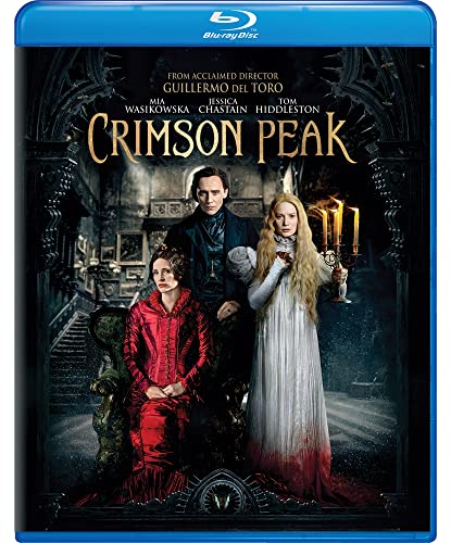 Crimson Peak Blu-ray cover featuring Mia Wasikowska, Jessica Chastain, and Tom Hiddleston.