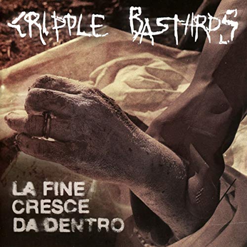 "Album cover with a sepia-toned image of a person's dirty, ringed hand."
