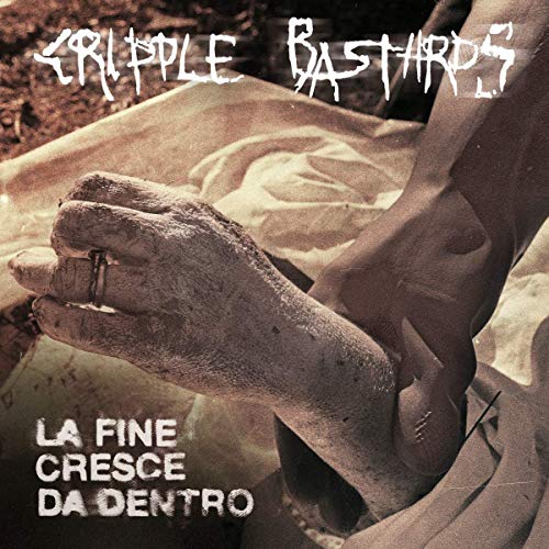 "Album cover with a dirty hand holding a lighter, sepia-toned image."