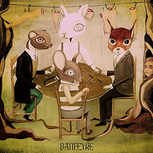 Anthropomorphic animals in suits seated around a table, surreal artwork.